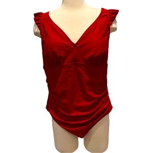 Kona Sol Women’s Plus Size One Piece Red Swim Suit Ruffle Shoulder 18W New